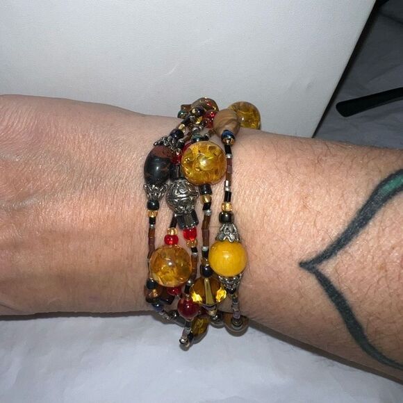 Boho Glass, Wood and Seed Bead Multi Strand Stretch Bracelet - Picture 4 of 7